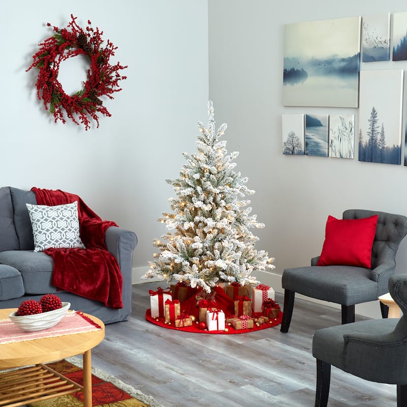 5’ Pre-Lit Flocked West Virginia Spruce Artificial Christmas Tree, Clear LED Lights - 5 Foot