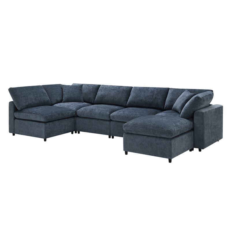 130" Chenille Modular Cloud Sofa with Ottoman, U-Shaped 6-Seater, 330lb Capacity