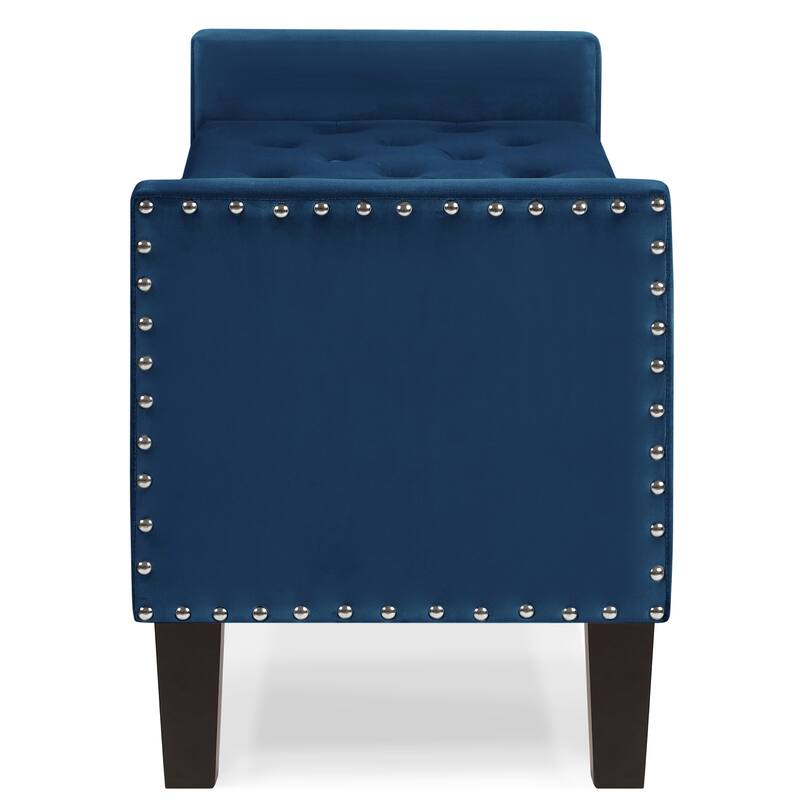 Navy Blue Velvet Upholstered Storage Bench with Nail Trim, Armrests - Entryway Seat