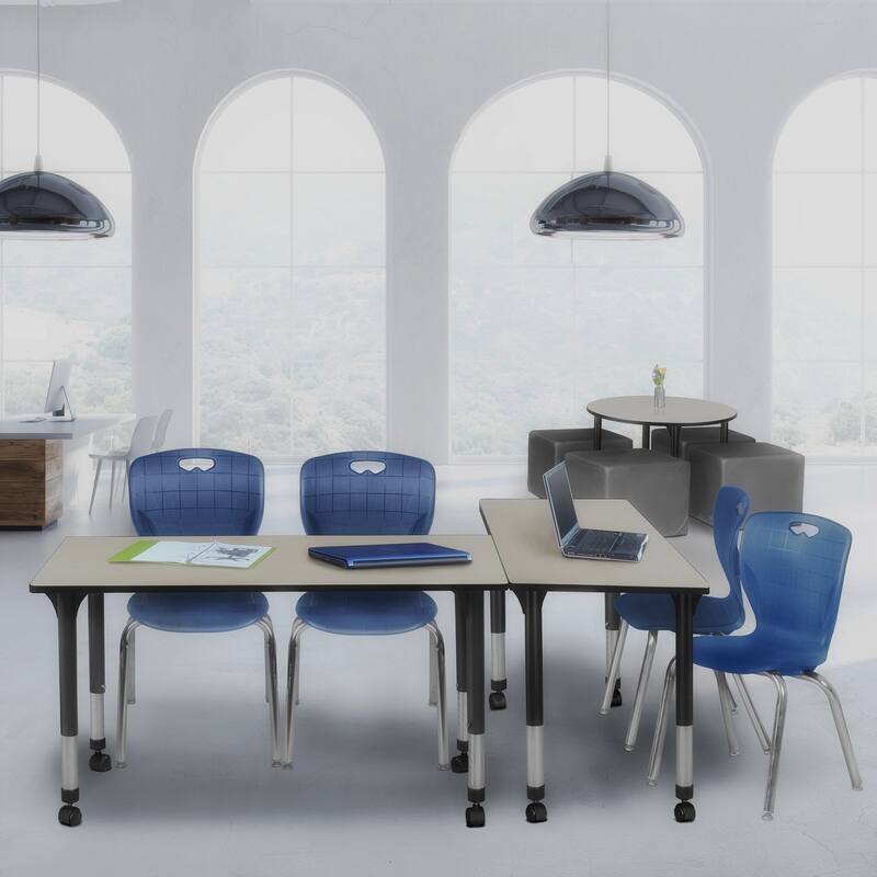 60 in. Height Adjustable Mobile Classroom Table - Maple & 2 18-in Stack Chairs- Navy Blue - 24