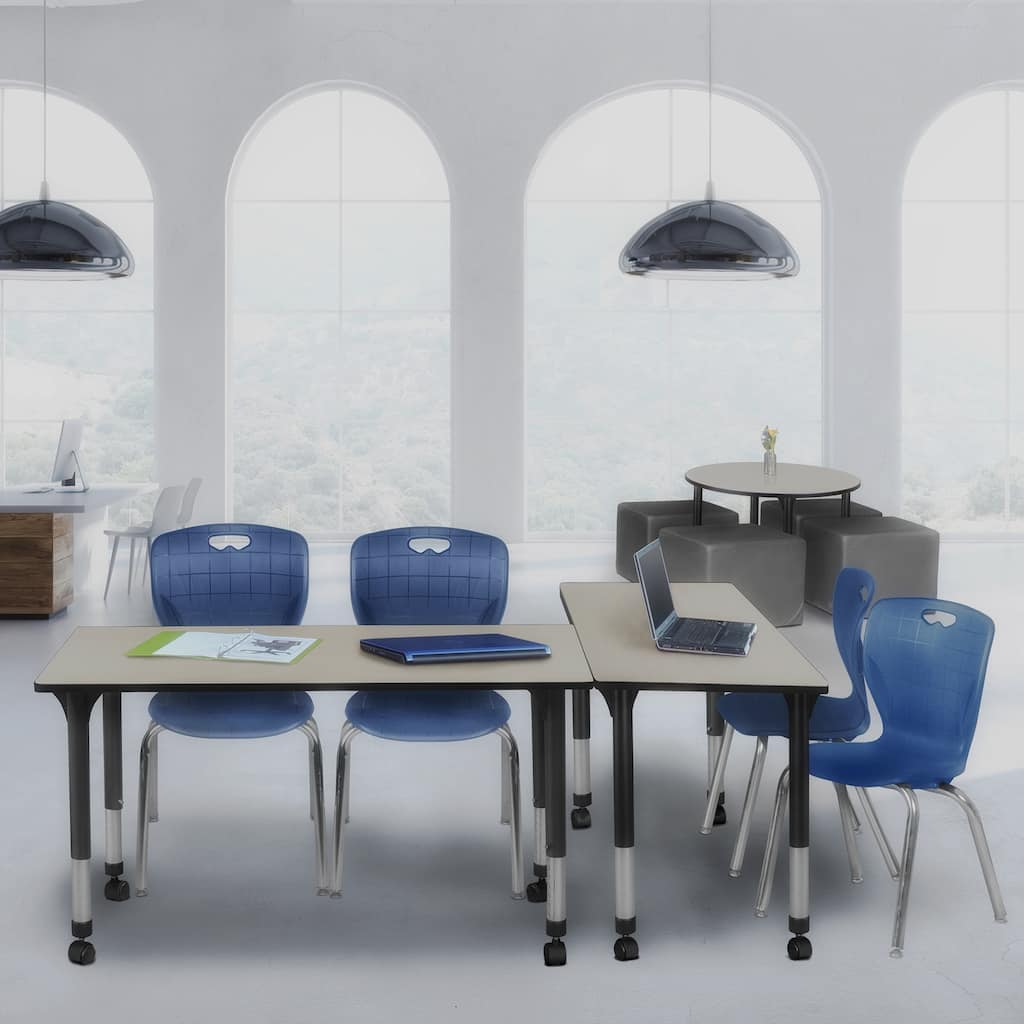 60 in. Height Adjustable Mobile Classroom Table - Maple & 2 18-in Stack Chairs- Navy Blue - 30