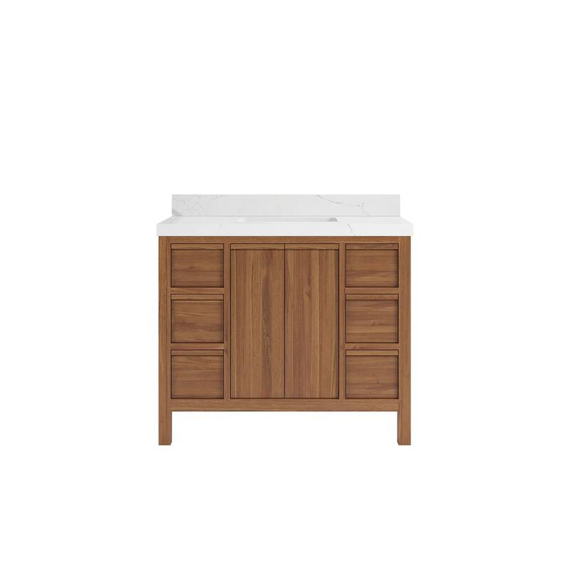 Willow Collections 42 in. W x 22 in. D Elizabeth Solid Teak Single Sink Bathroom Vanity with Countertop - 2”Calacatta Laza - Dark Natural