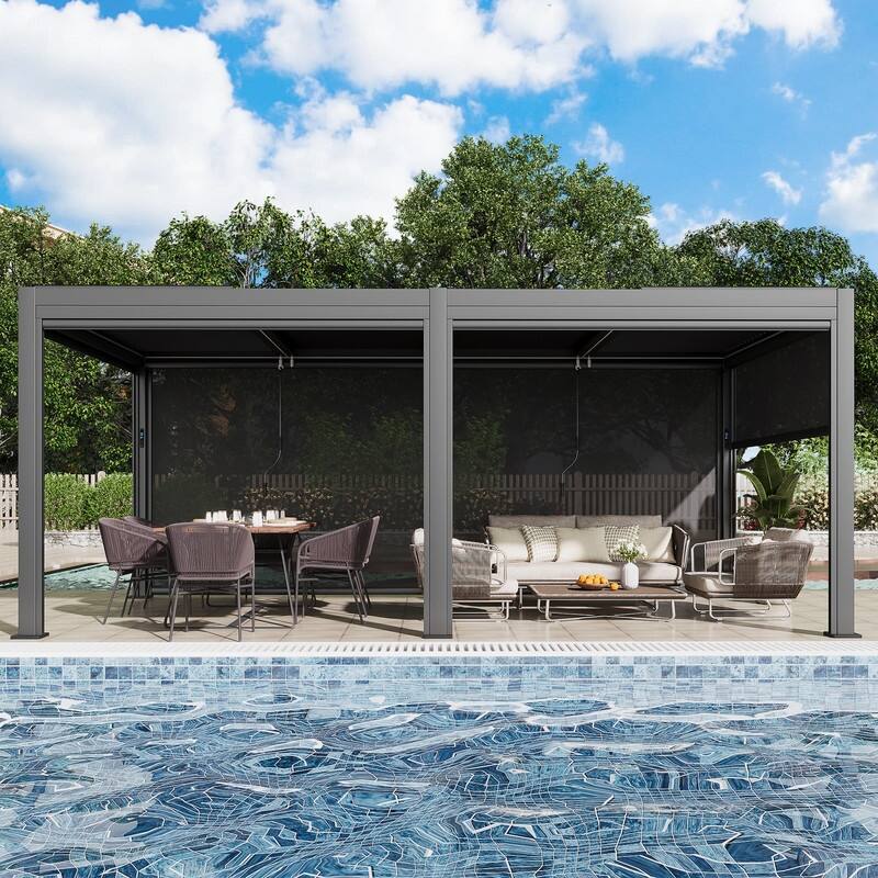 Erommy Outdoor Louvered Pergola Gazebo with Adjustable Aluminum Rainproof Roof and Pull-Down Screen