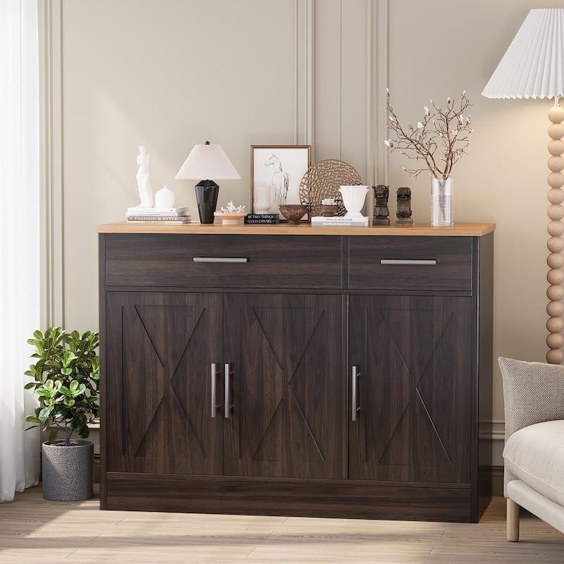 3-Door Buffet Sideboard Accent Cabinet - Multifunctional Organizer - Brown