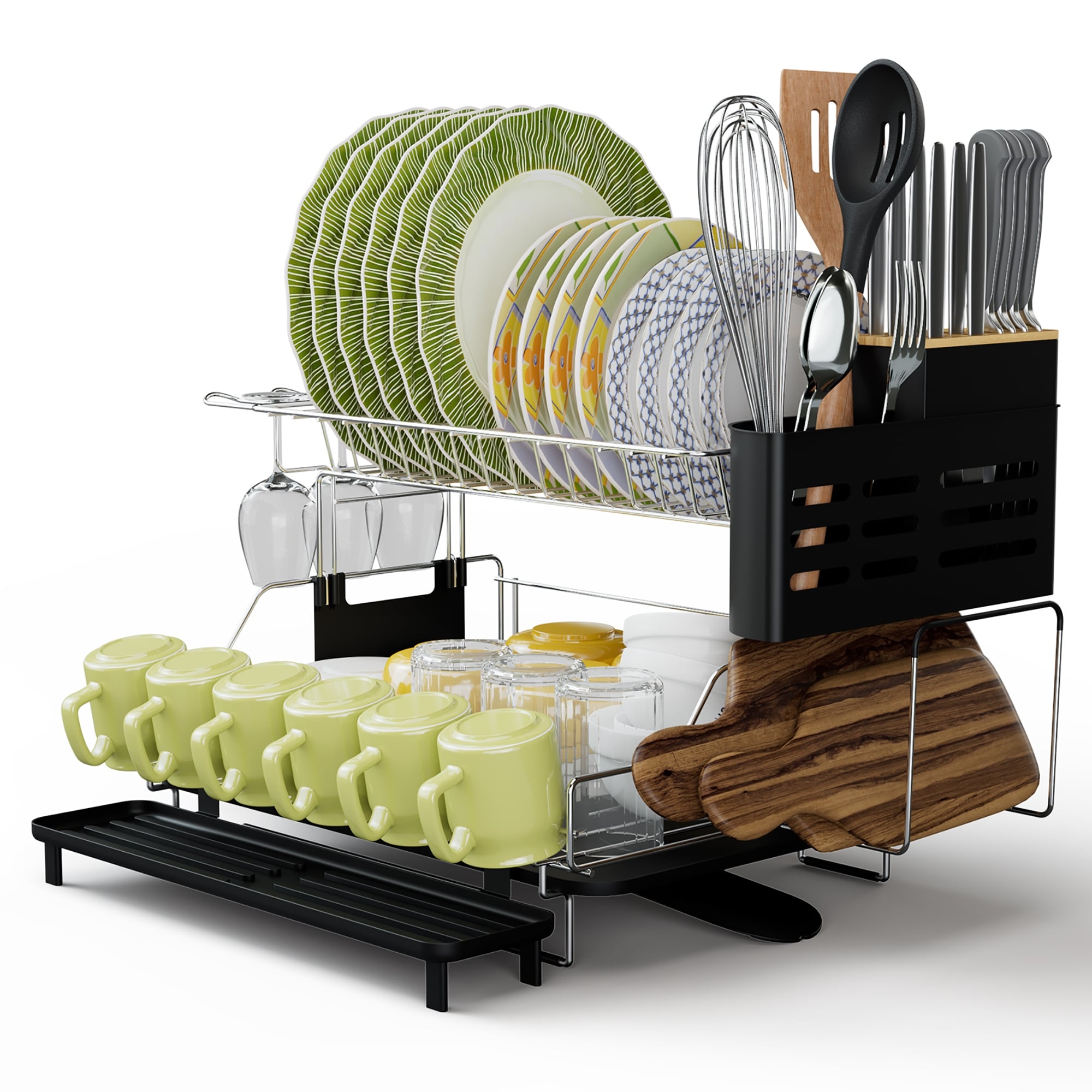 Costway Dish Drying Rack Detachable 2 Tier Dish Rack with Drainboard - Silver, Black - 22.8'' x 16.5'' x 14.6'' (L x W x H)