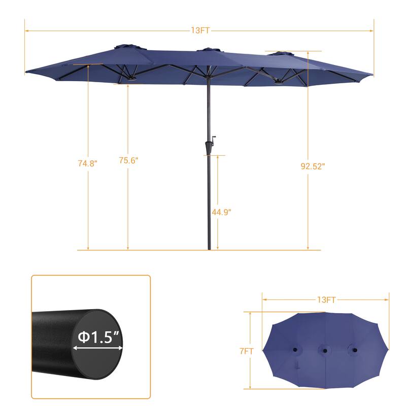 LIVOOSUN 13x7.2Ft Large Double-Sided Rectangular Outdoor Patio Market Umbrella with Crank, Solar Panel, Navy Blue