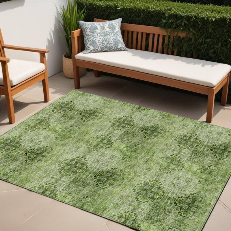 Almoro Graceful Floral Weather Resistant Timeless Fusion Runner Outdoor Rug - 5' X 8' - Green