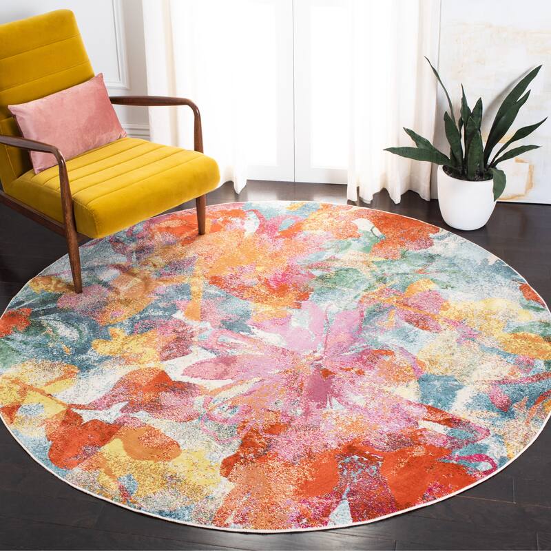 SAFAVIEH Lillian Sanzia Abstract Floral Rug - 6'7" Round - Blue/Orange