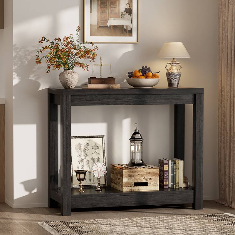Farmhouse Black Thick Console Sofa Table, Wood Entryway Desk with Storage Shelf - Black - 32-In