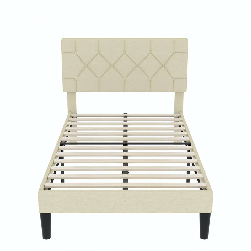 2 Pcs Beige Diamond Tufted Twin Bed for Kids Modern Linen Upholstered Platform Bed 7.87" Underbed Storage No Box Spring Needed