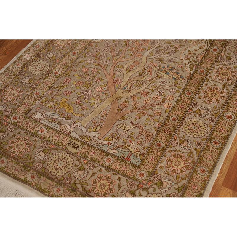 Hand Knotted Oriental Silk & Silver Carpet Traditional Floral Brown Hereke Area Rug - 5' 5'' X 3' 6''