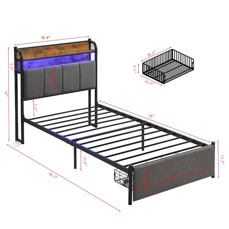 Modern Platform Bed with Storage Headboard and Charging Station - Black+Brown+Grey - Twin
