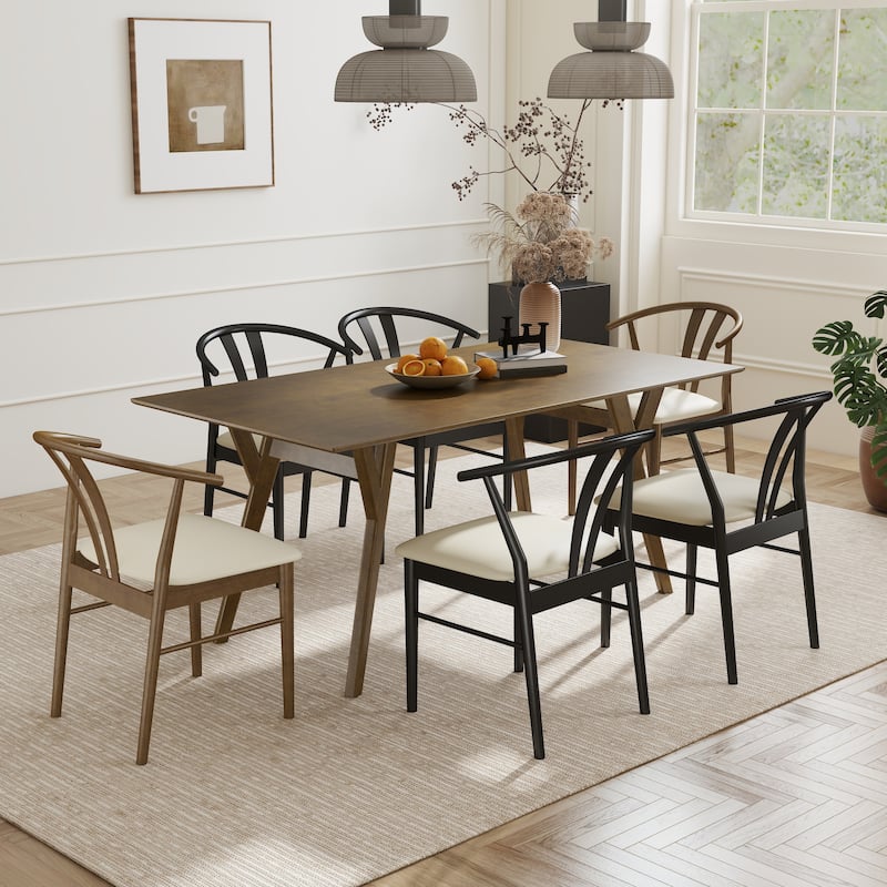 Roundhill Furniture Lavin Modern 7-Piece Dining Set, Wood Dining Table with 6 Curved Back Chairs - Black