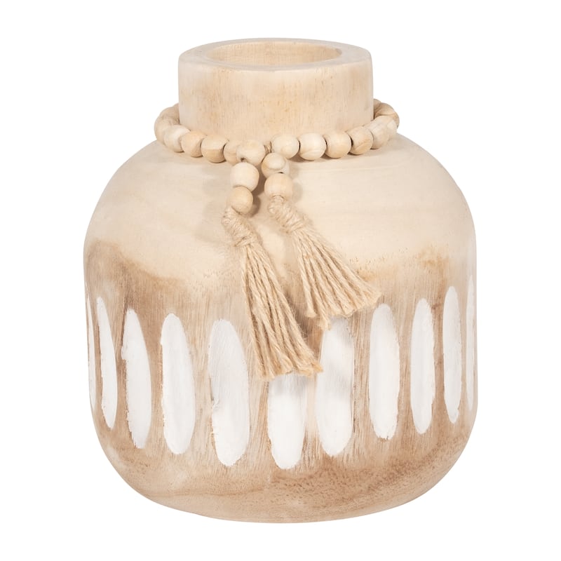 Sagebrook Home Wood, 8" Round Ridged Vase With Tassels, Round, 8"H, Ridged - Ridged Brown