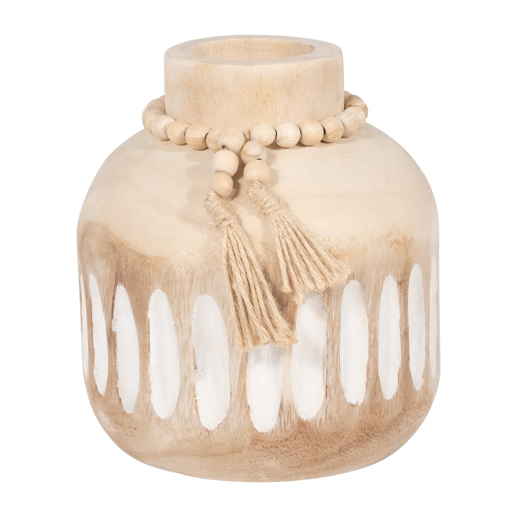 Sagebrook Home Wood, 8" Round Ridged Vase With Tassels, Round, 8"H, Ridged