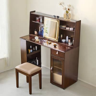 Elegant Makeup Nanity Desk with 3 Modes Adjustable Lighted Mirror