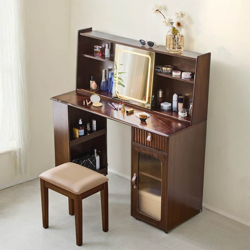 Elegant Makeup Nanity Desk with 3 Modes Adjustable Lighted Mirror