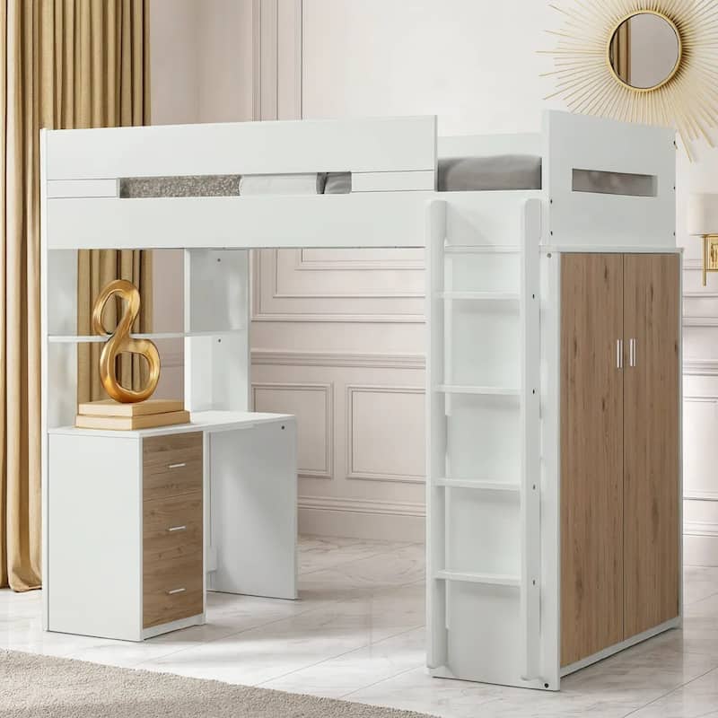 Wooden Twin Size Loft Bunk Bed with Workstation, White and Brown