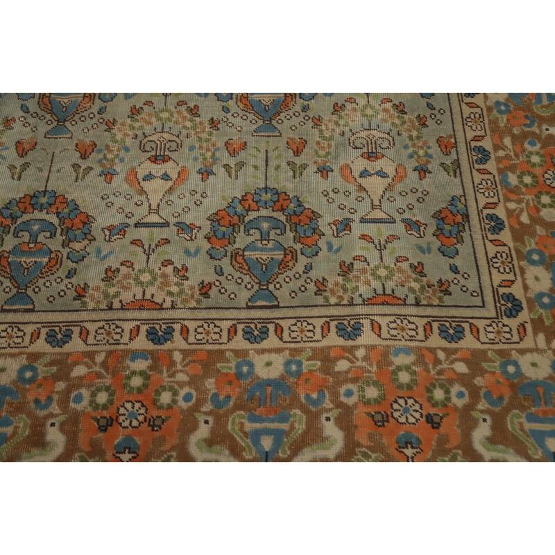 Hand Knotted Oriental 100% Wool Carpet Traditional Floral Green Tabriz Area Rug - 11' 0'' X 8' 1''