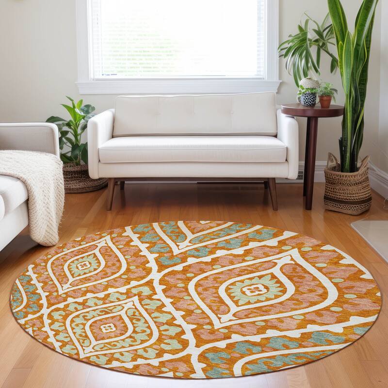 Premium Washable Super Soft Diamond Medallions Mayfield Rug - Orange - 8' x 8' - Round