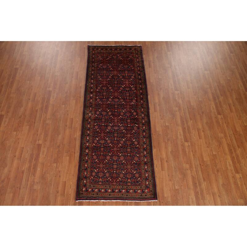 Hand Knotted Oriental 100% Wool Carpet Traditional Geometric Navy Blue & Blues Mahal Runner Rug - 9' 8'' X 3' 7''