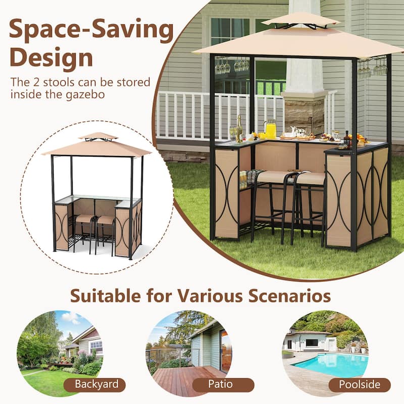 Costway 6.5 x 4 x 8 FT Grill Gazebo Set with 2 Bar Stools, Tempered - See Details