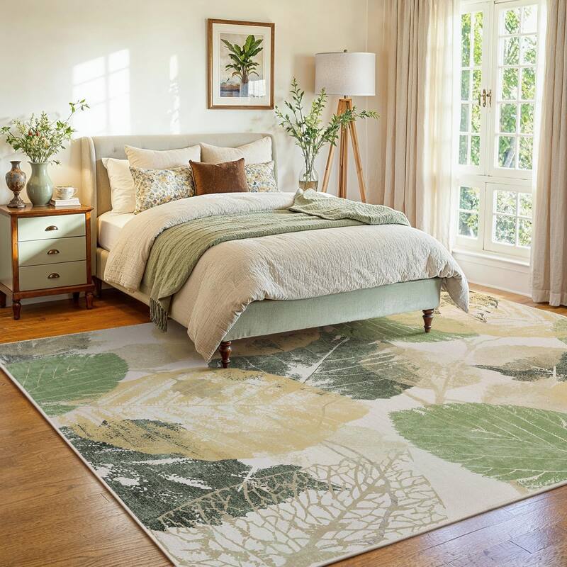 Mcow Leaf Collection Botanical Print Low-Pile Washable Area Rug