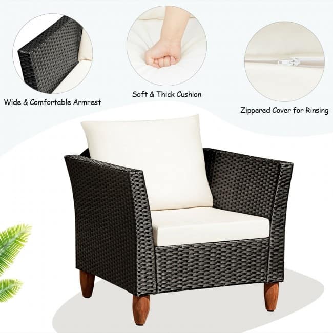 3 Pcs Outdoor Patio Rattan Furniture Set Wooden Table Top Cushioned Sofa - 29" x 27" x 28" (L x W x H)