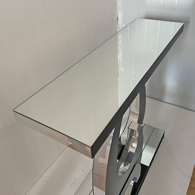 Modern Mirrored 39.37" Console Table, Glass Sofa Table with C-Shaped Base for Stylish Living Room Decor