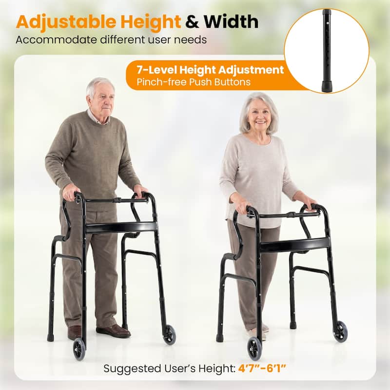 Gymax Heavy-Duty Folding Walker w/Unidirectional Wheels & Armrests