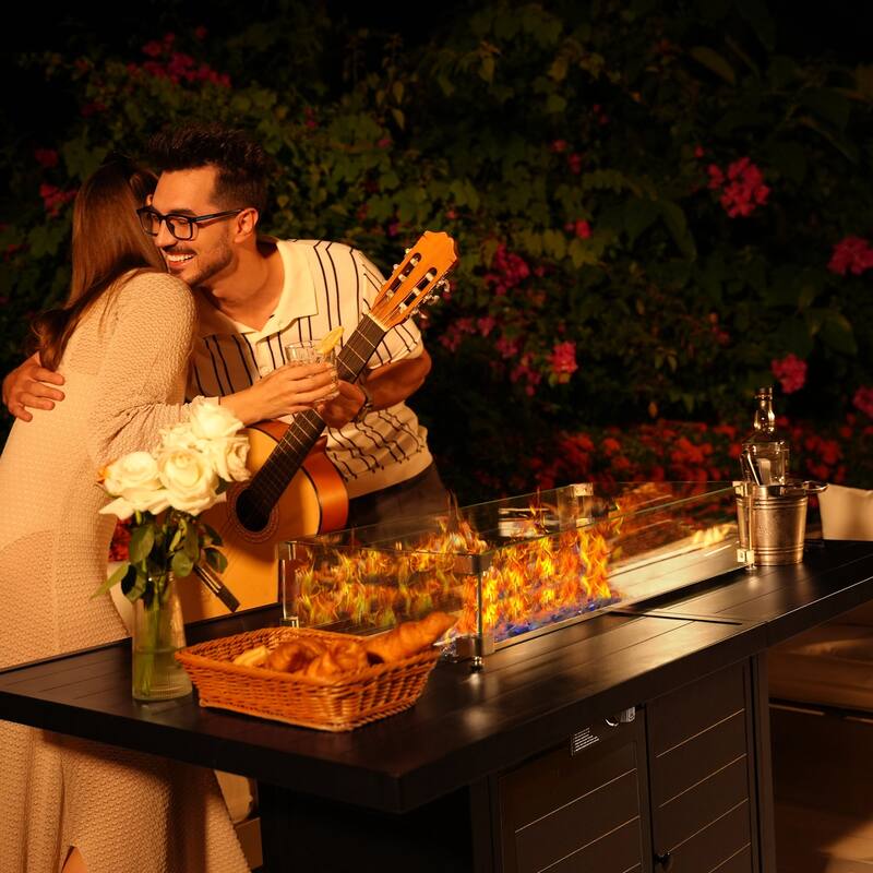 59.8" Aluminum Propane Fire Pit Table, 50,000 BTU Outdoor Dining Table w/ 10 LBS Beads, Rectangle Fire Table