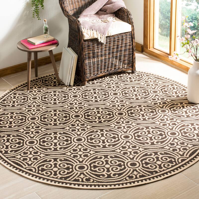 SAFAVIEH Linden Marylee Indoor/ Outdoor Waterproof Patio Backyard Rug - 6'7" Round - Creme/Brown
