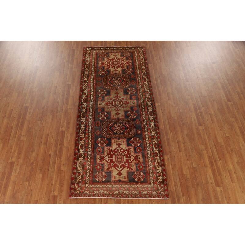 Blue Ardebil Persian Runner Rug Hand-knotted Vintage Wool Carpet - 4'4"x 10'4"