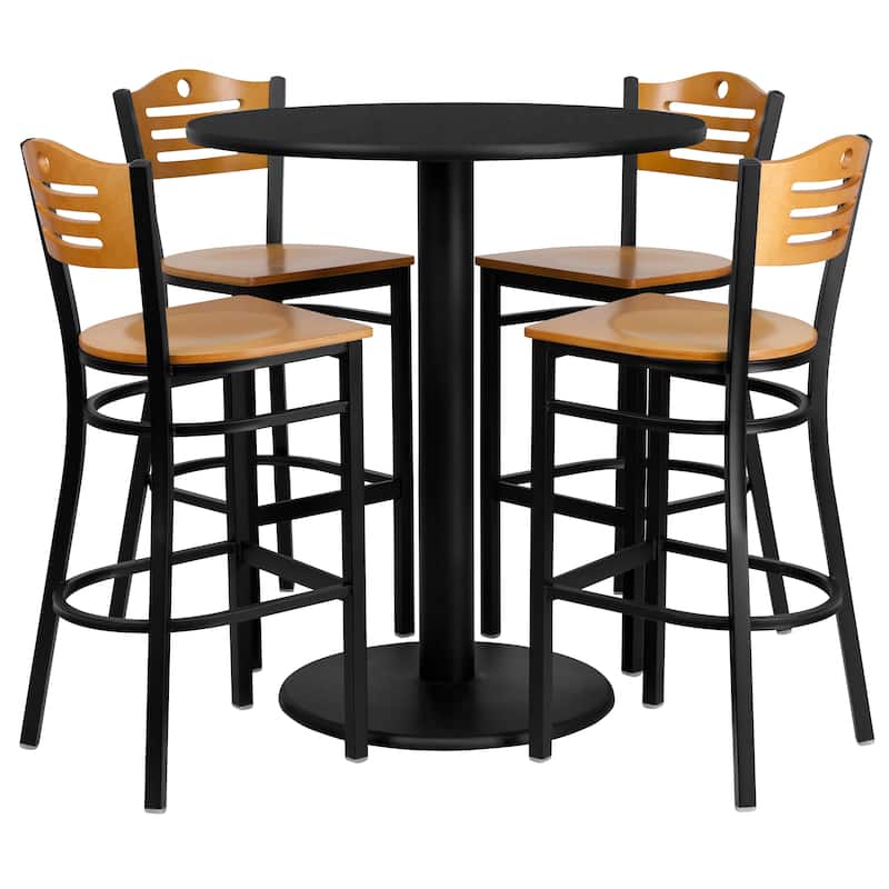 36" Round Laminate Table Set with 4 Metal Barstools - Natural Wood Seat - Black
