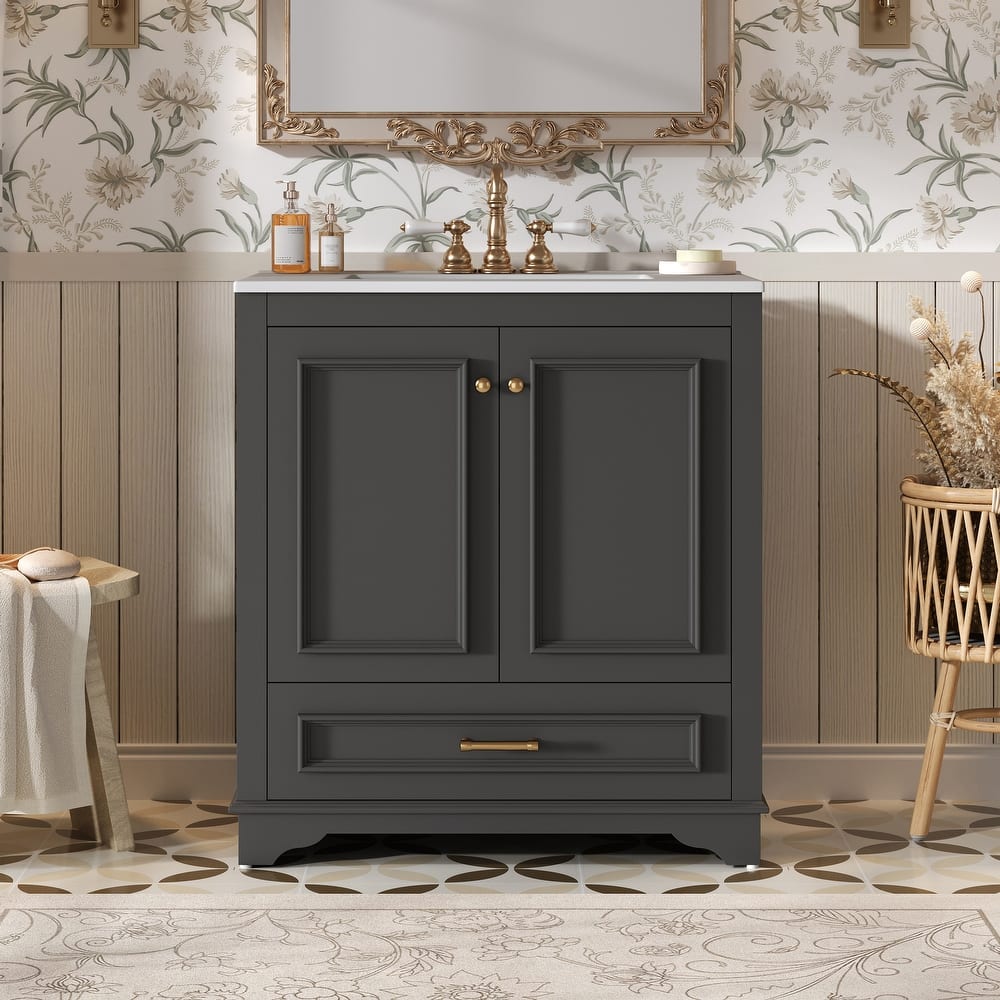 30'' Freestanding Bathroom Vanity with Single White Integrated Ceramic Sink - 30.5'' x 18.4'' x 33.9''
