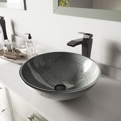 VIGO Giovanni 17"L x 17"W Glass Vessel Sink and Blackstonian 12"H Faucet Set