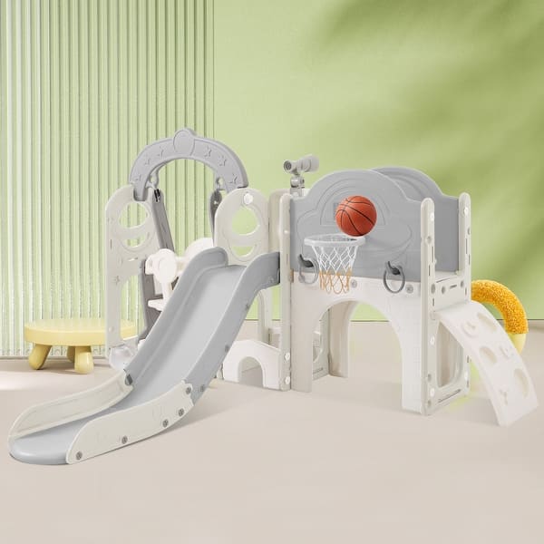 slide 2 of 30, Toddler Slide and Swing Set 8 in 1 with Basketball Hoop Grey