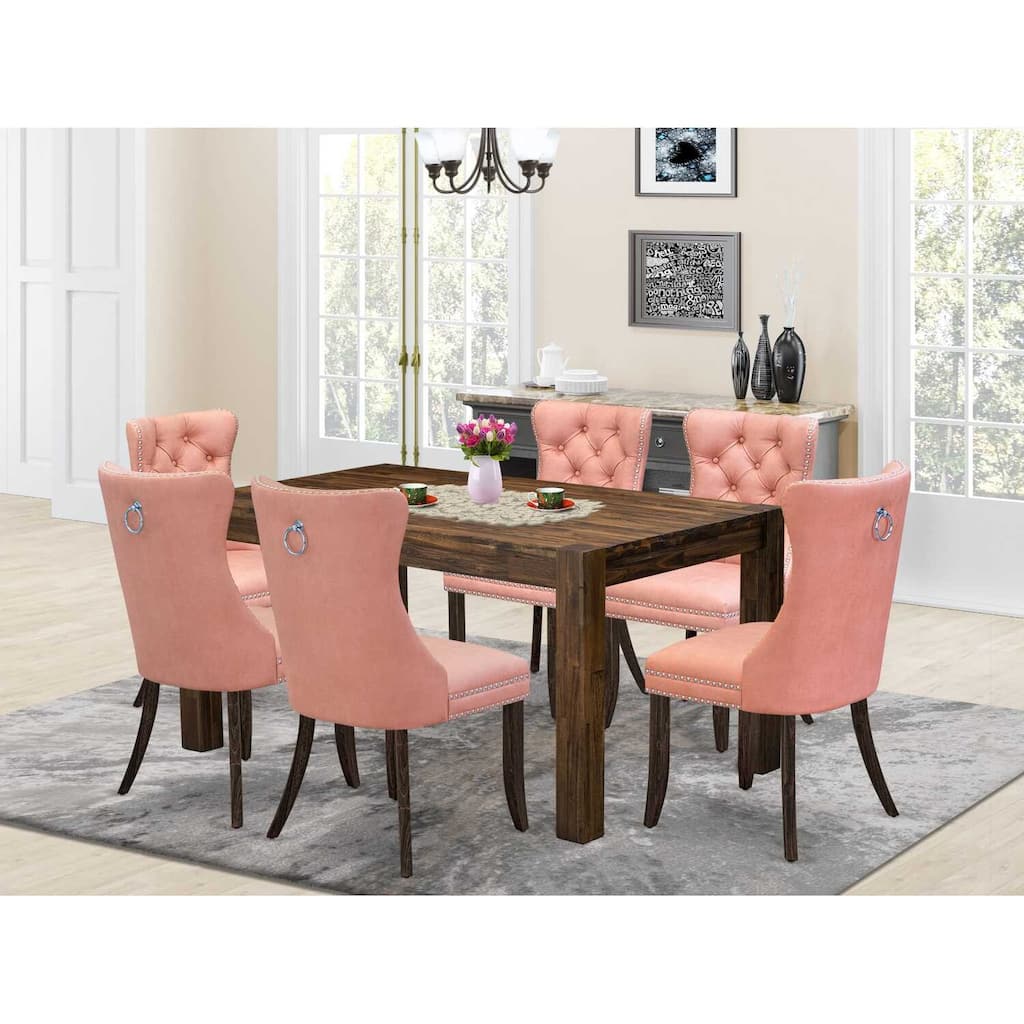 HomeStock 7-Piece Rectangle Distressed Jacobean Finish Solid Wood Top Dining Table with 6 Chairs