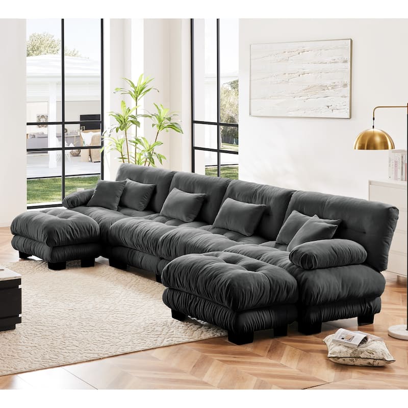 Modular Chenille Couch Sectional Sofa with Ottoman, Throw Pillows