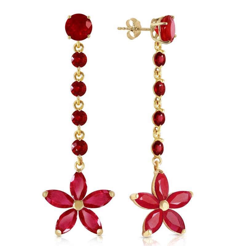 14K Solid Gold Chandelier Elegant Gemstone Earrings with Rubies - Yellow