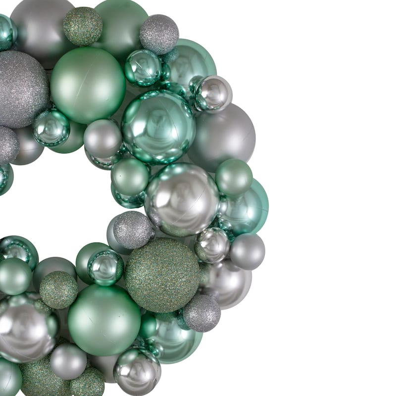 Silver Seafoam Green 3-Finish Shatterproof Ball Christmas Wreath, 13"