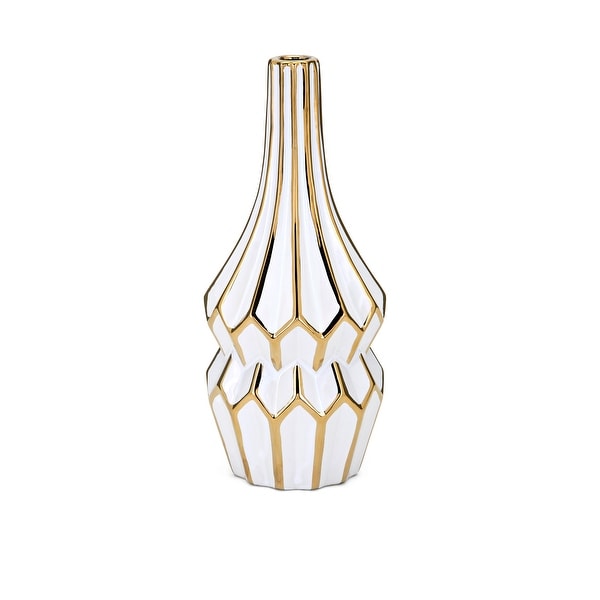 12" Crisp White and Gold Contemporary Fluted Ceramic Vase - N/A