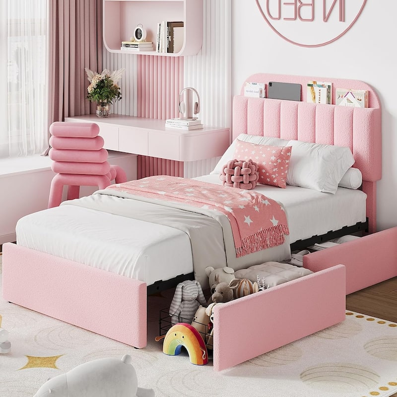 Upholstered Platform Bed with Storage Drawers and Bookcase Headboard, Noise-Free and Easy Assembly - Twin XL - Pink