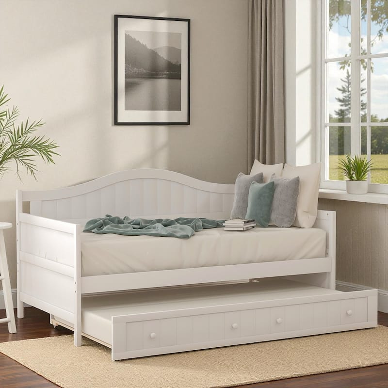 Twin Wooden Daybed with Pull-Out Trundle, Solid Wood Sofa Bed for Bedroom or Living Room, Cottage Style Design - White - Twin