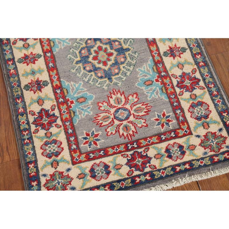 Gray Geometric Kazak Oriental Accent Rug Handmade Wool Carpet - 2'1"x 2'10"