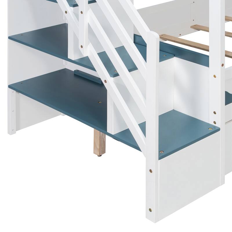 Twin Over Twin Bunk Bed with Stairs, LED Lights, Storage Drawers, House Shaped Wood Loft Bed with Guardrail