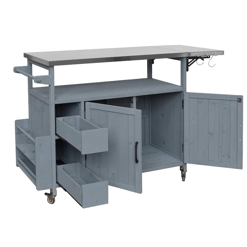 Christopher Knight Home - 54.33" Solid Wood Mobile Outdoor Kitchen Cart with Stainless Steel Top & Spice Rack & Lockable Wheels