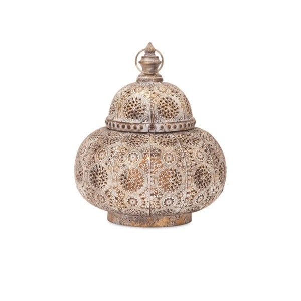 13 25 Distressed Gold Moroccan Style Pierced Metal Pillar 13 25 Distressed Gold Moroccan Style Pierced Metal Pillar Candle Hanging Lantern