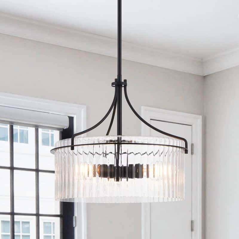KAWOTI 3-Light Pendant Light with Clear Ribbed Drum Shade - W17" x D17" x H15.5" - W17" x D17" x H15.5"