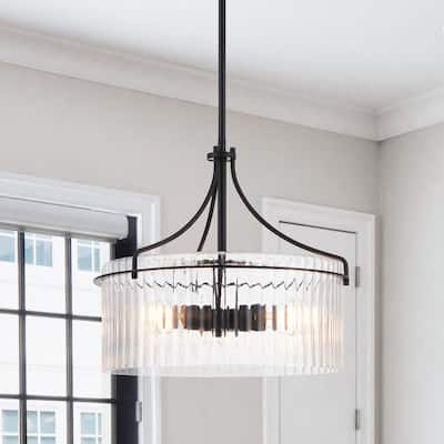 KAWOTI 3-Light Pendant Light with Clear Ribbed Drum Shade - W17" x D17" x H15.5"